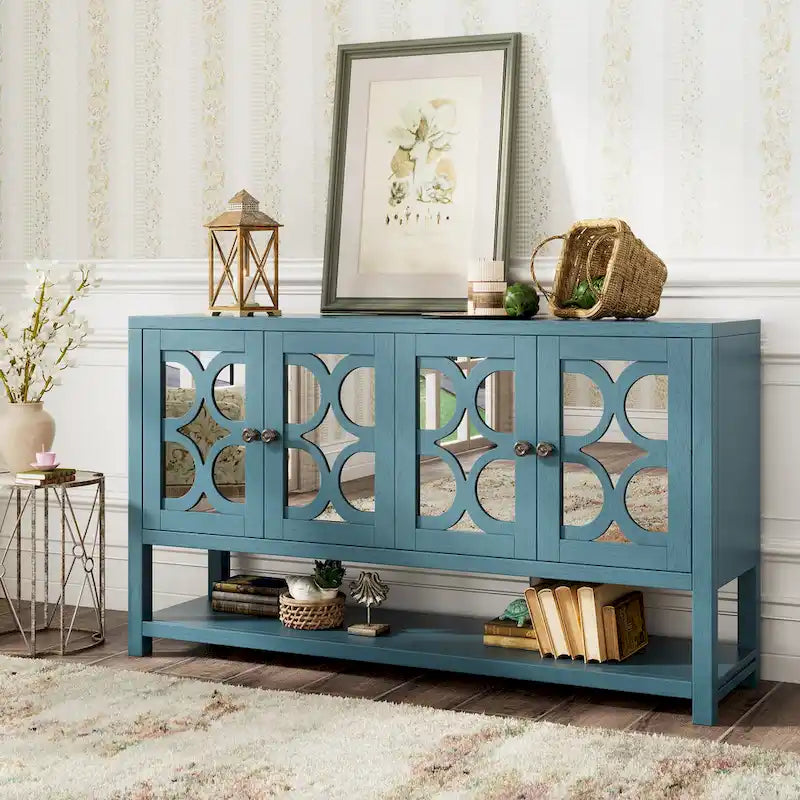 Photo of Elegant Retro Console Table/Storage Cabinet/Sideboard with Mirrored Doors, Spacious Shelves, and Durable Acacia Wood Legs