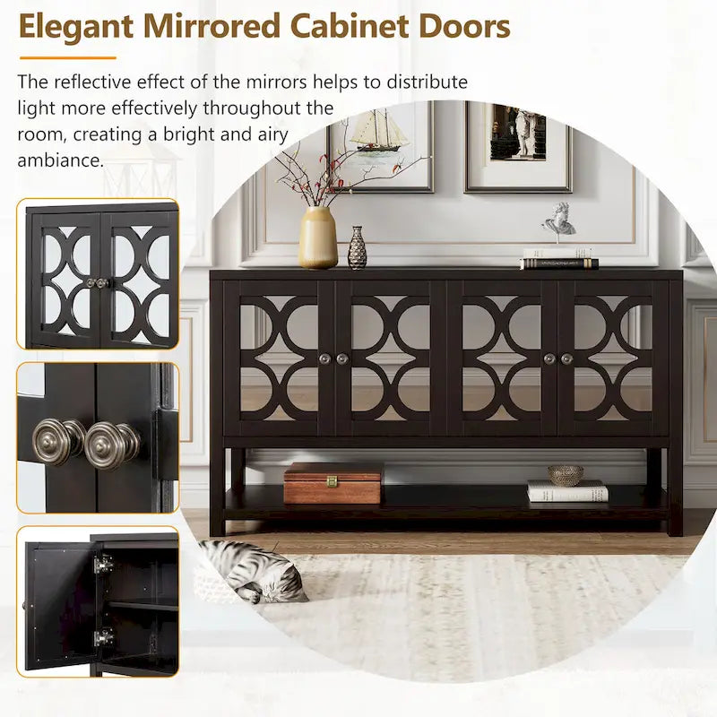 Elegant Retro Console Table/Storage Cabinet/Sideboard with Mirrored Doors, Spacious Shelves, and Durable Acacia Wood Legs