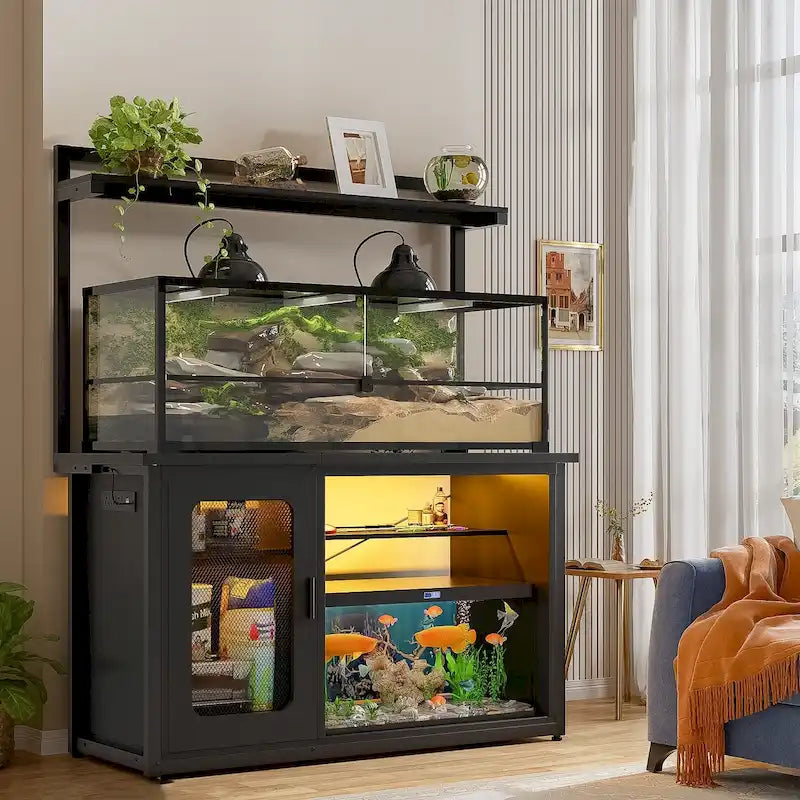 Heavy Duty Aquarium Stand with Reversible Cabinet, 55-75 Gallon Fish Tank Stand with Power Outlets & LED Light