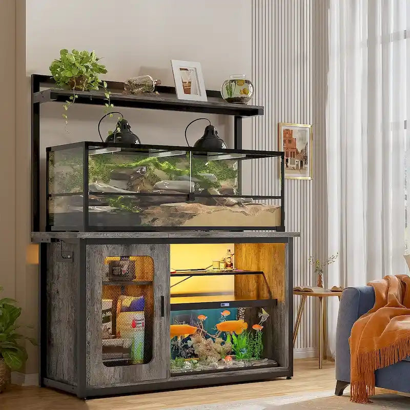 Heavy Duty Aquarium Stand with Reversible Cabinet, 55-75 Gallon Fish Tank Stand with Power Outlets & LED Light