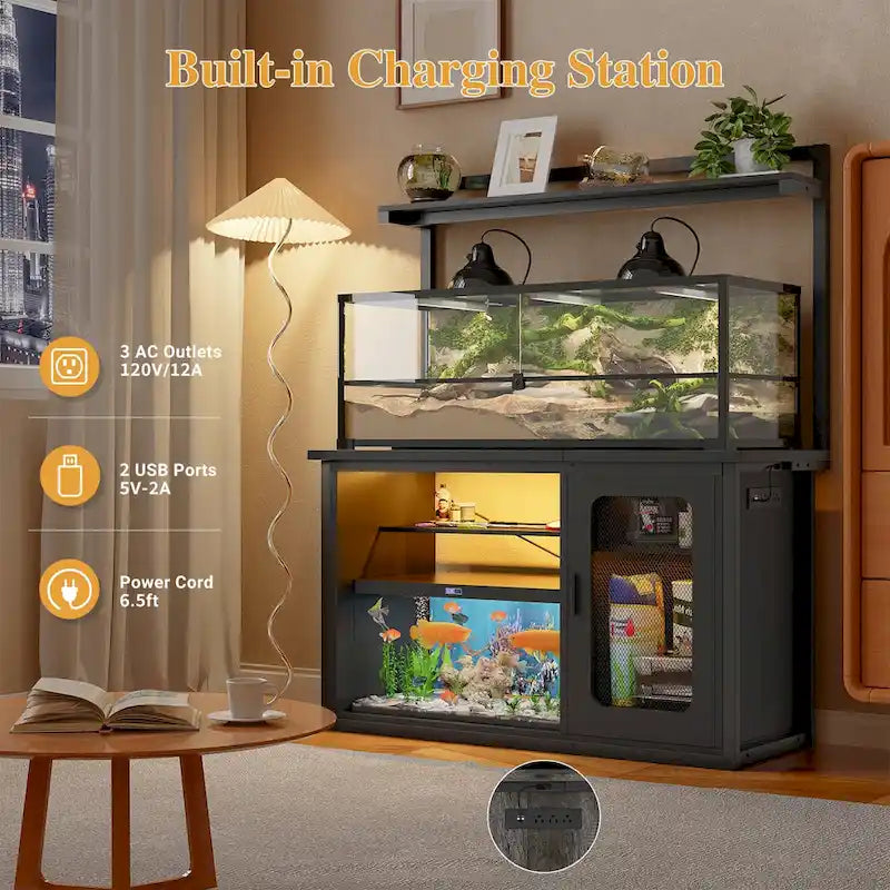 Heavy Duty Aquarium Stand with Reversible Cabinet, 55-75 Gallon Fish Tank Stand with Power Outlets & LED Light