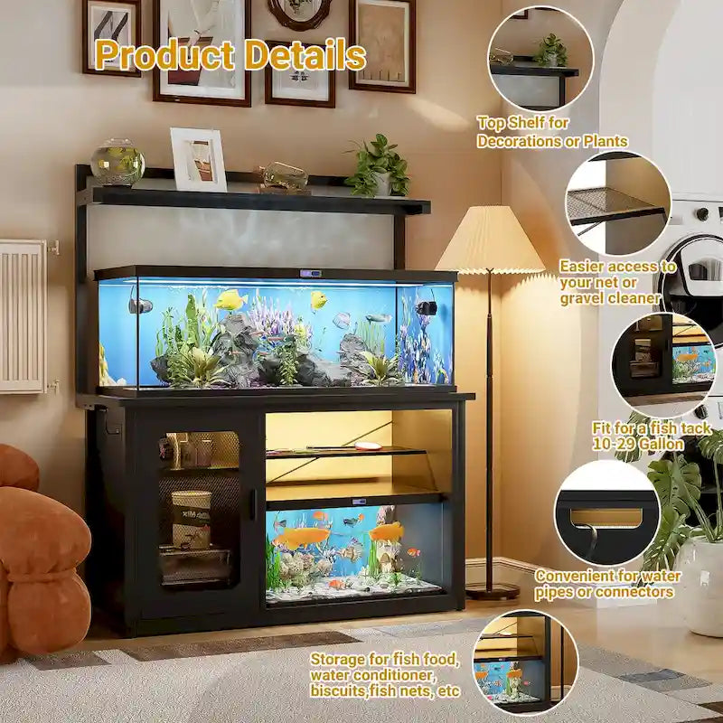 Heavy Duty Aquarium Stand with Reversible Cabinet, 55-75 Gallon Fish Tank Stand with Power Outlets & LED Light