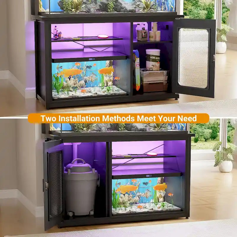 Heavy Duty Aquarium Stand with Reversible Cabinet, 55-75 Gallon Fish Tank Stand with Power Outlets & LED Light