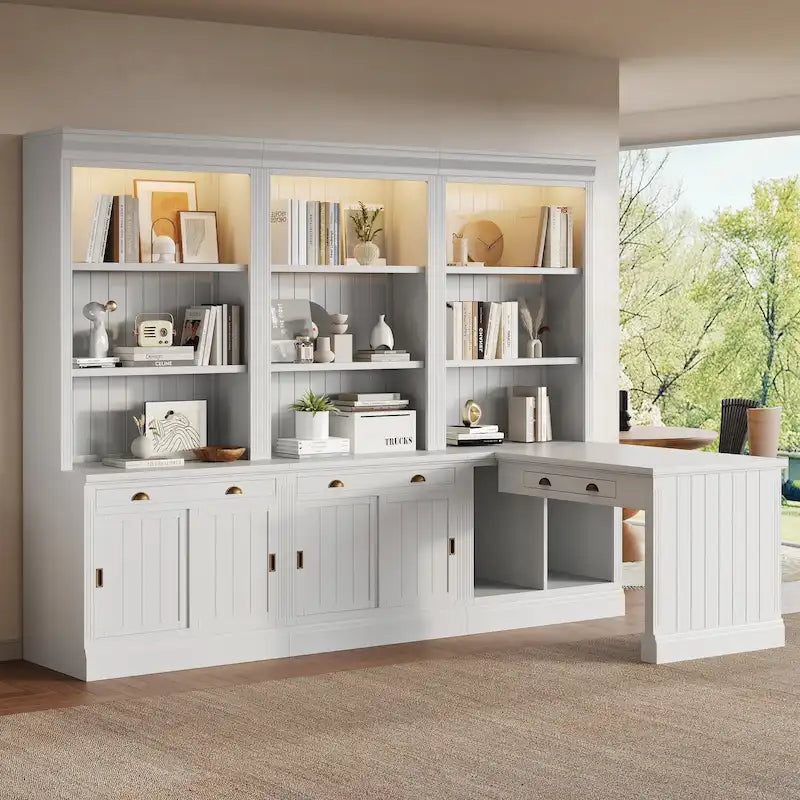 83.4Tall 2 Bookshelf & 1 Writting Desk Suite,Bookcase Suite with LED Lighting,Drawers,Study Desk and Open Shelves,3-Piece Set