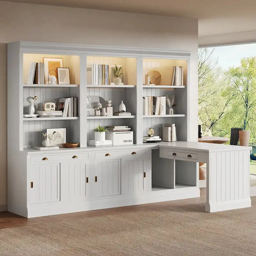 Photo of 83.4Tall 2 Bookshelf & 1 Writting Desk Suite,Bookcase Suite with LED Lighting,Drawers,Study Desk and Open Shelves,3-Piece Set