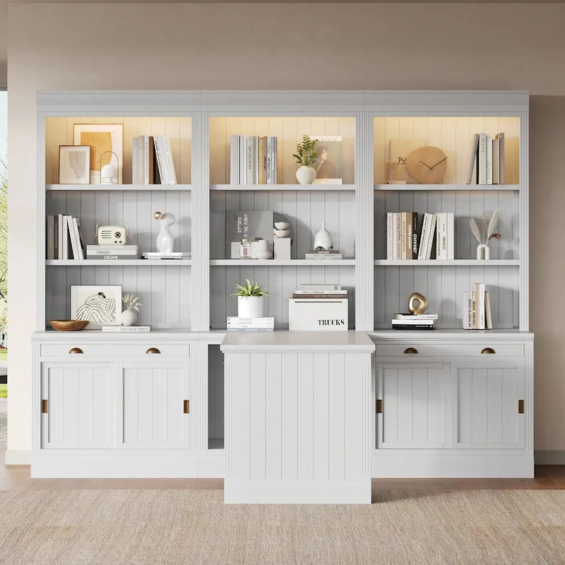 83.4Tall 2 Bookshelf & 1 Writting Desk Suite,Bookcase Suite with LED Lighting,Drawers,Study Desk and Open Shelves,3-Piece Set