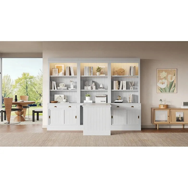 83.4Tall 2 Bookshelf & 1 Writting Desk Suite,Bookcase Suite with LED Lighting,Drawers,Study Desk and Open Shelves,3-Piece Set