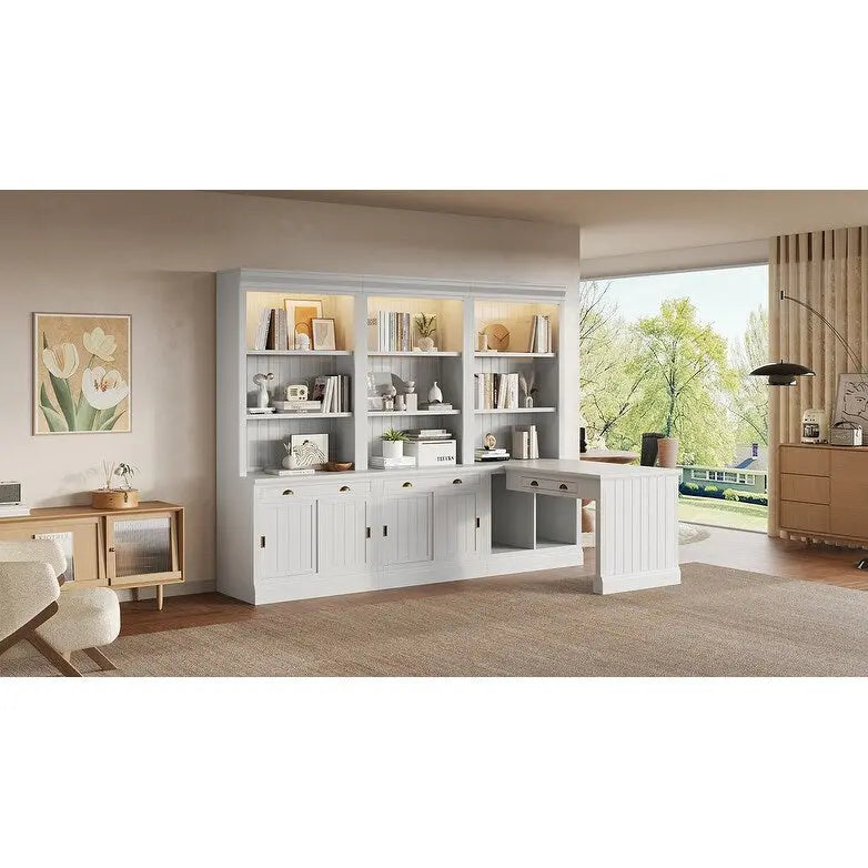 83.4Tall 2 Bookshelf & 1 Writting Desk Suite,Bookcase Suite with LED Lighting,Drawers,Study Desk and Open Shelves,3-Piece Set