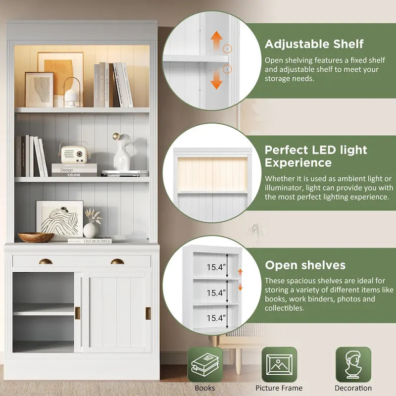 83.4Tall 2 Bookshelf & 1 Writting Desk Suite,Bookcase Suite with LED Lighting,Drawers,Study Desk and Open Shelves,3-Piece Set