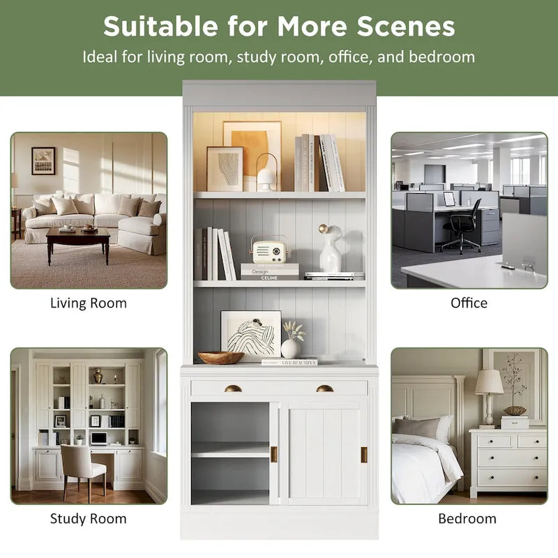 83.4Tall 2 Bookshelf & 1 Writting Desk Suite,Bookcase Suite with LED Lighting,Drawers,Study Desk and Open Shelves,3-Piece Set