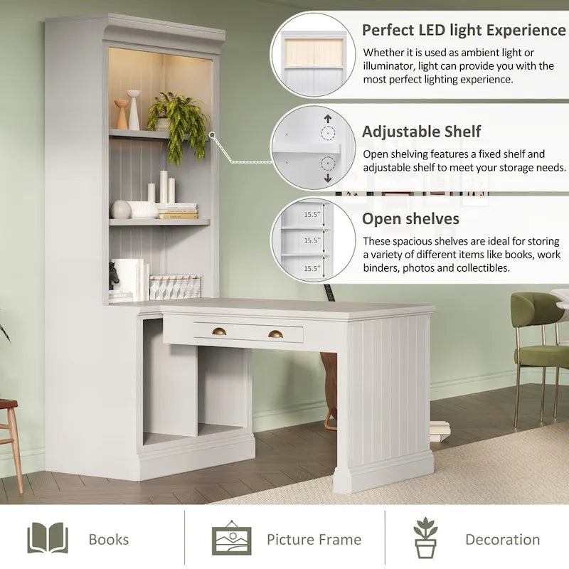 83.4Tall 2 Bookshelf & 1 Writting Desk Suite,Bookcase Suite with LED Lighting,Drawers,Study Desk and Open Shelves,3-Piece Set