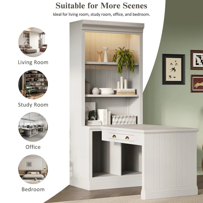 83.4Tall 2 Bookshelf & 1 Writting Desk Suite,Bookcase Suite with LED Lighting,Drawers,Study Desk and Open Shelves,3-Piece Set