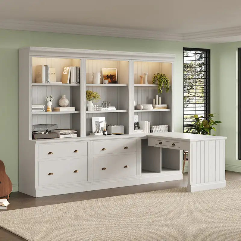83.4Tall 2 Bookshelf & 1 Writting Desk Suite,Bookcase Suite with LED Lighting,Drawers,Study Desk and Open Shelves,3-Piece Set