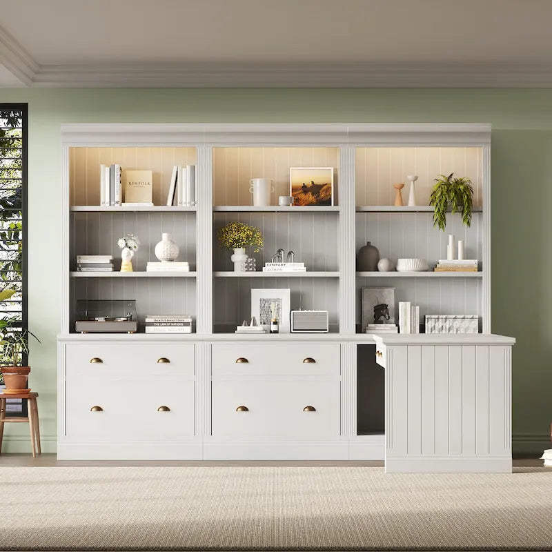 83.4Tall 2 Bookshelf & 1 Writting Desk Suite,Bookcase Suite with LED Lighting,Drawers,Study Desk and Open Shelves,3-Piece Set