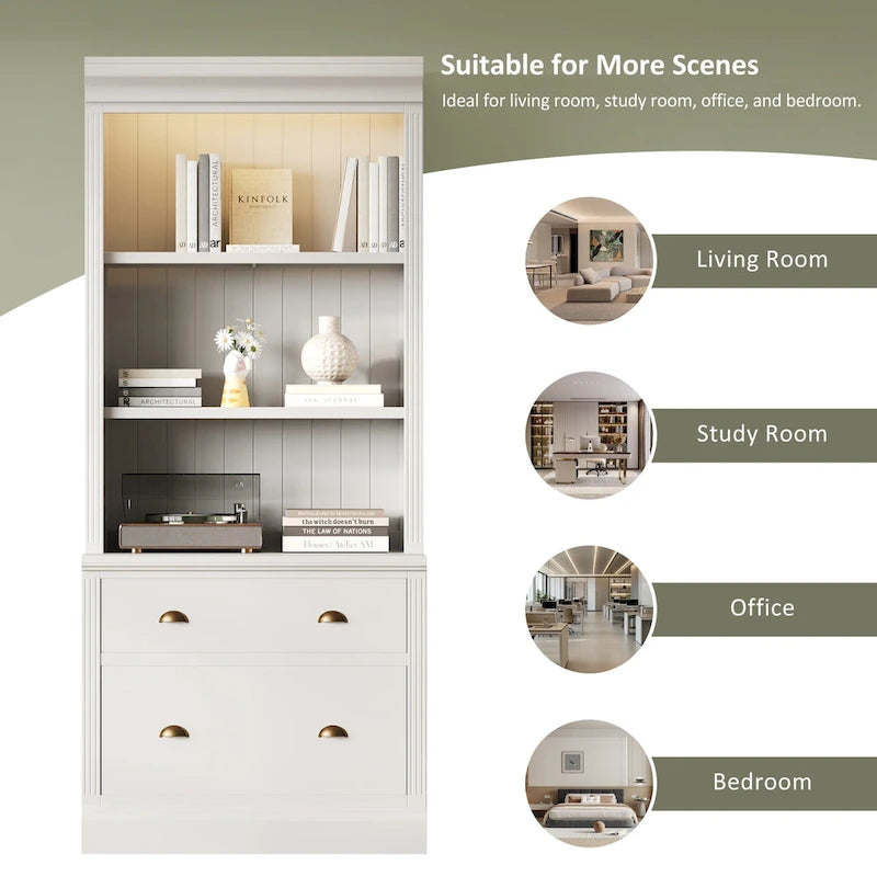 83.4Tall 2 Bookshelf & 1 Writting Desk Suite,Bookcase Suite with LED Lighting,Drawers,Study Desk and Open Shelves,3-Piece Set