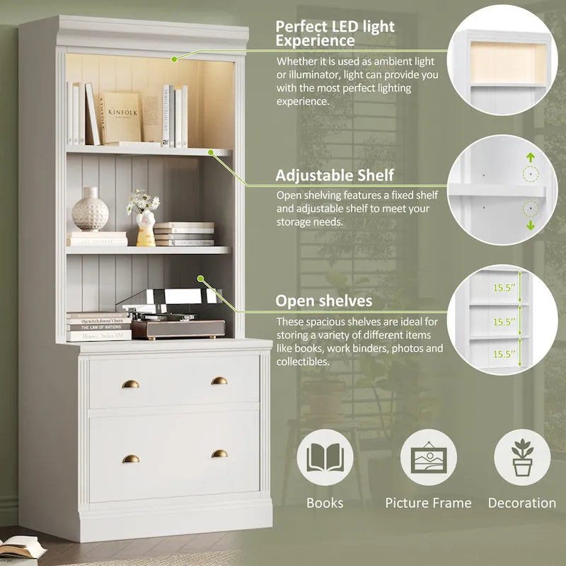 83.4Tall 2 Bookshelf & 1 Writting Desk Suite,Bookcase Suite with LED Lighting,Drawers,Study Desk and Open Shelves,3-Piece Set