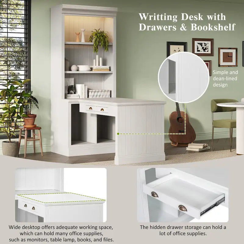 83.4Tall 2 Bookshelf & 1 Writting Desk Suite,Bookcase Suite with LED Lighting,Drawers,Study Desk and Open Shelves,3-Piece Set