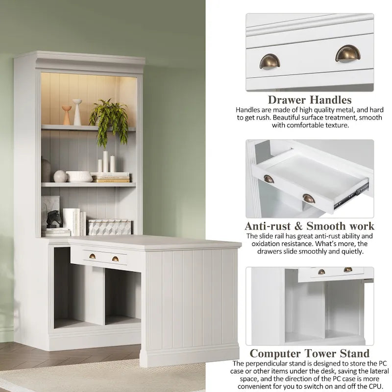 83.4Tall 2 Bookshelf & 1 Writting Desk Suite,Bookcase Suite with LED Lighting,Drawers,Study Desk and Open Shelves,3-Piece Set