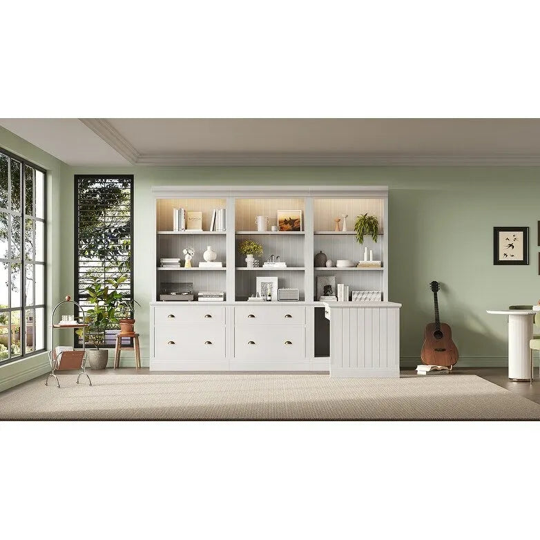 83.4Tall 2 Bookshelf & 1 Writting Desk Suite,Bookcase Suite with LED Lighting,Drawers,Study Desk and Open Shelves,3-Piece Set
