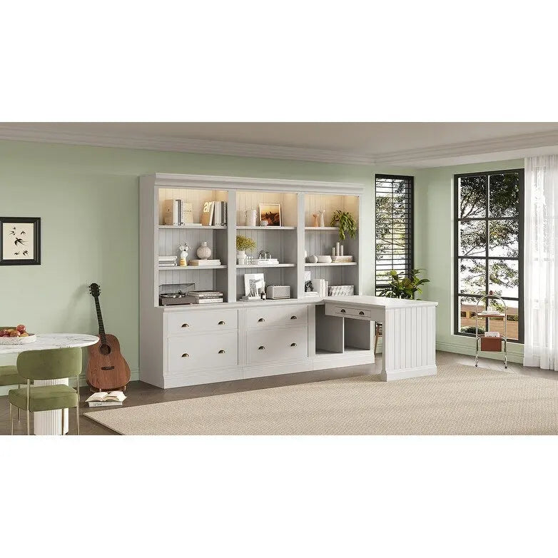 83.4Tall 2 Bookshelf & 1 Writting Desk Suite,Bookcase Suite with LED Lighting,Drawers,Study Desk and Open Shelves,3-Piece Set