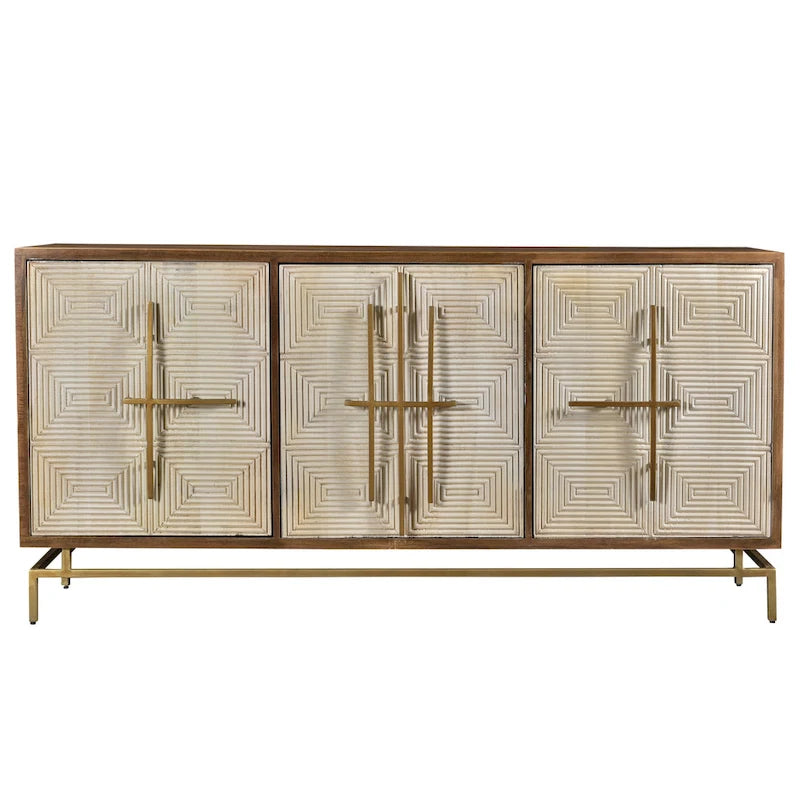 Allura White & Natural Mango Wood 3 Door Sideboard w Gold Hardware - 69W x 16D x 34H