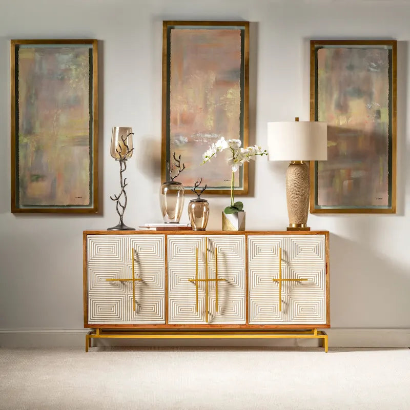 Allura White & Natural Mango Wood 3 Door Sideboard w Gold Hardware - 69W x 16D x 34H