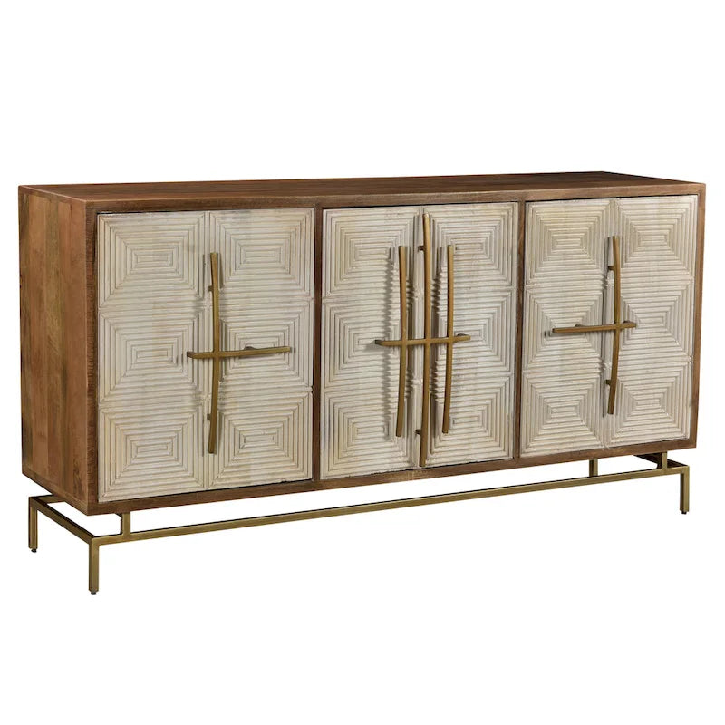 Allura White & Natural Mango Wood 3 Door Sideboard w Gold Hardware - 69W x 16D x 34H
