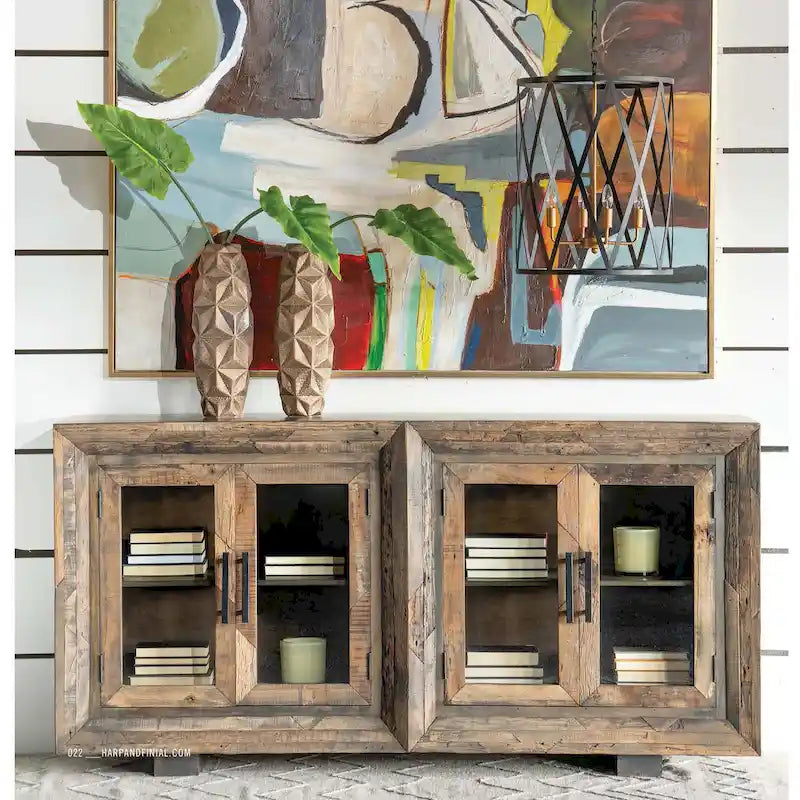 Harp & Finial Hughes 4 Door Natural Reclaimed Wood With Plain Glass Sideboard