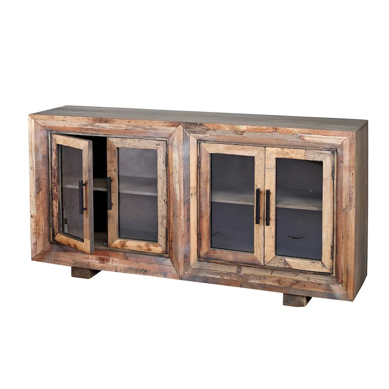 Harp & Finial Hughes 4 Door Natural Reclaimed Wood With Plain Glass Sideboard