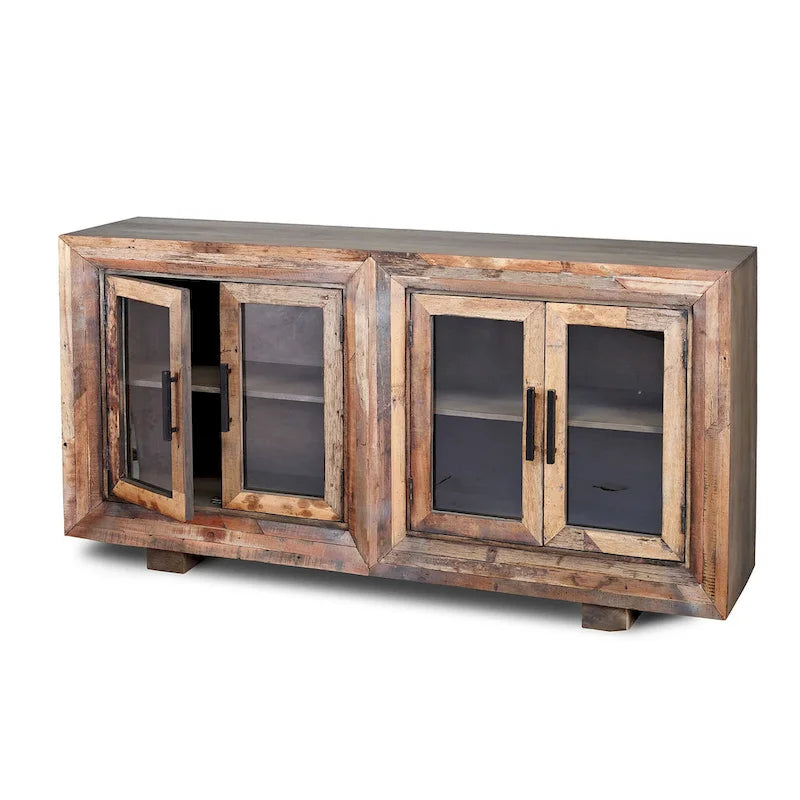 Harp & Finial Hughes 4 Door Natural Reclaimed Wood With Plain Glass Sideboard