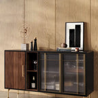 55.12 Mid Century Modern Sideboard Buffet 3 Door Cabinet, Multi-layer Solid Wood Frame, Walnut Veneer, Fully Assemble - 55.12