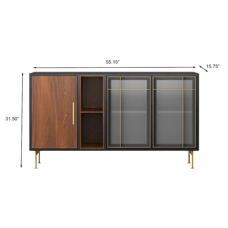 55.12 Mid Century Modern Sideboard Buffet 3 Door Cabinet, Multi-layer Solid Wood Frame, Walnut Veneer, Fully Assemble - 55.12