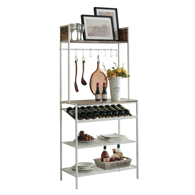 Red Tile Bakers Rack with 9 Wine Bottle Capacity Rack & 8 Hooks - Kitchen Storage Organizer, White