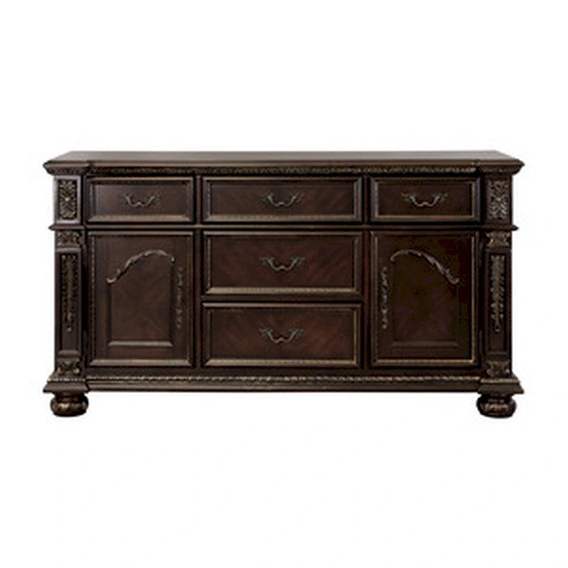 Photo of Finn 66 Inch Classic Wood Sideboard Buffet, Leaf Carved Molded Trim, Brown