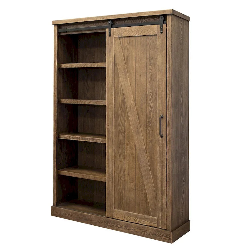 Avondale Rustic Barn Door Bookcase, Wood Shelving, Office Bookcase, Brown - 48 W x 72 H x16 D