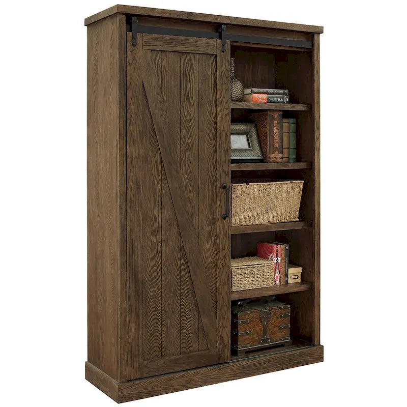 Avondale Rustic Barn Door Bookcase, Wood Shelving, Office Bookcase, Brown - 48 W x 72 H x16 D