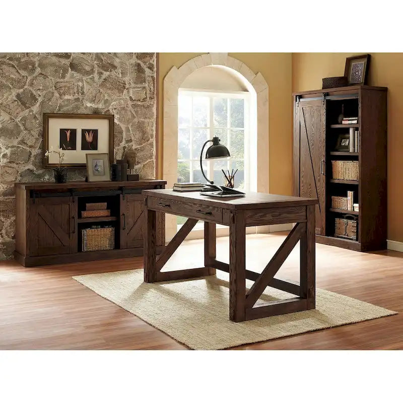 Avondale Rustic Barn Door Bookcase, Wood Shelving, Office Bookcase, Brown - 48 W x 72 H x16 D