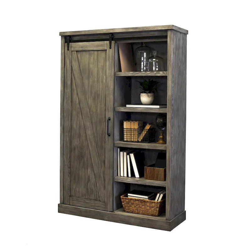 Avondale Rustic Barn Door Bookcase, Wood Shelving, Office Bookcase, Brown - 48 W x 72 H x16 D