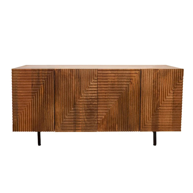 Sagebrook Home Elegant Wood 4-Door Fluteboard Cabinet in Rich Brown, Durable Metal and Wood Materials - 63.0 x 17.7 x 29.5