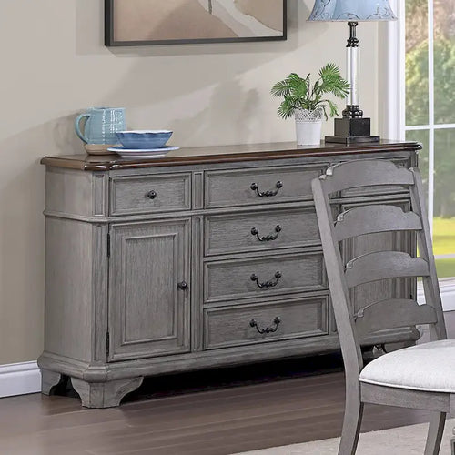 6 Drawers and 2 Doors Wooden Server in Light Gray and Cherry